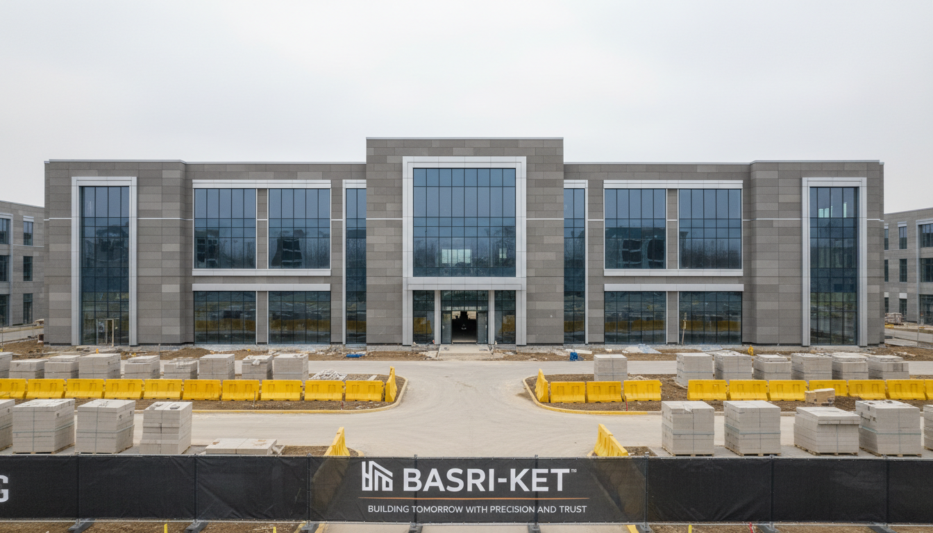 An immaculate construction site panorama showcasing a nearly completed commercial building with sharp, rectilinear lines and a façade of grey stone, glass, and brushed aluminum. The surrounding grounds are cleared and tidy, dotted with well-organized stacks of pale concrete blocks and bright yellow caution barriers. Soft overcast daylight provides diffused, shadowless lighting that reveals every structural detail and clean, neutral exterior tones. The mood is one of steady progress and reliable precision, suggesting expertise and discipline in construction. Captured from a centered, eye-level viewpoint, with a wide lens to capture the site’s neat organization and architectural clarity. The image style is photographic and modern, designed to inspire confidence for potential clients of Basri-Ket.