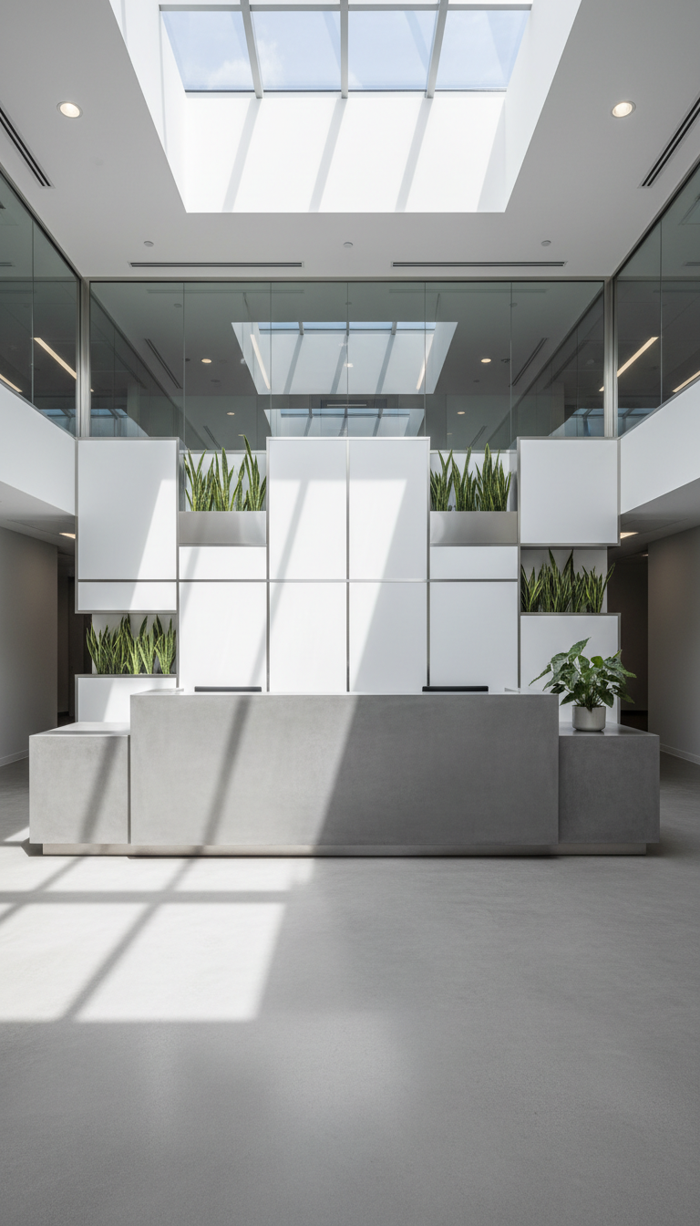 A striking modern office entrance featuring a sleek brushed concrete reception desk with subtle matte finish, situated inside a spacious, sunlit lobby. The walls are clad in clean white panels and glass, punctuated by metallic accents and geometric planters with lush greenery, reinforcing a sense of professionalism. Daylight streams through large ceiling windows, casting soft natural highlights and well-defined, clean shadows across the floor. The mood is refined, orderly, and inviting, projecting confidence. Captured at a slightly elevated, wide-angle perspective with balanced composition, emphasizing the linear architectural elements and clarity. The photographic realism and neutral, muted color palette evoke a corporate and contemporary aesthetic, perfectly suited for a construction company’s flagship site.